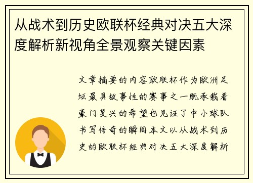 从战术到历史欧联杯经典对决五大深度解析新视角全景观察关键因素